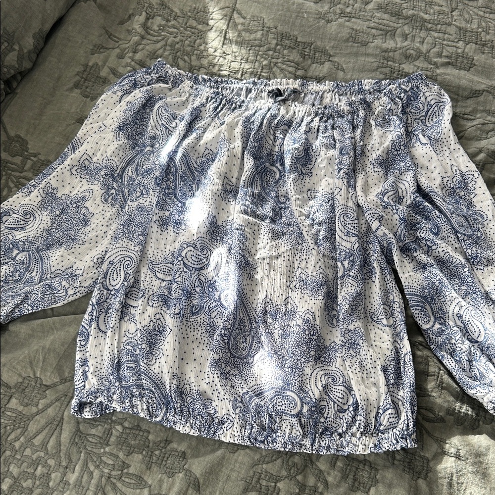 Tommy Hilfiger Blue and White Off-Shoulder Blouse